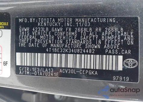 2004 Toyota Camry Xle from USA, damaged, VIN 4T1BE32K34U824482